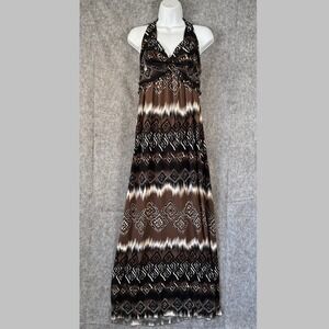Y2K Slinky Stretchy Liquid Knit Halter Maxi Dress‎ Womens Large Aztec Brown